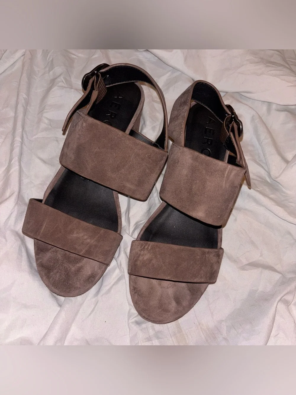 Wide-Strap Suede Sandals in Taupe with Ankle Buckle